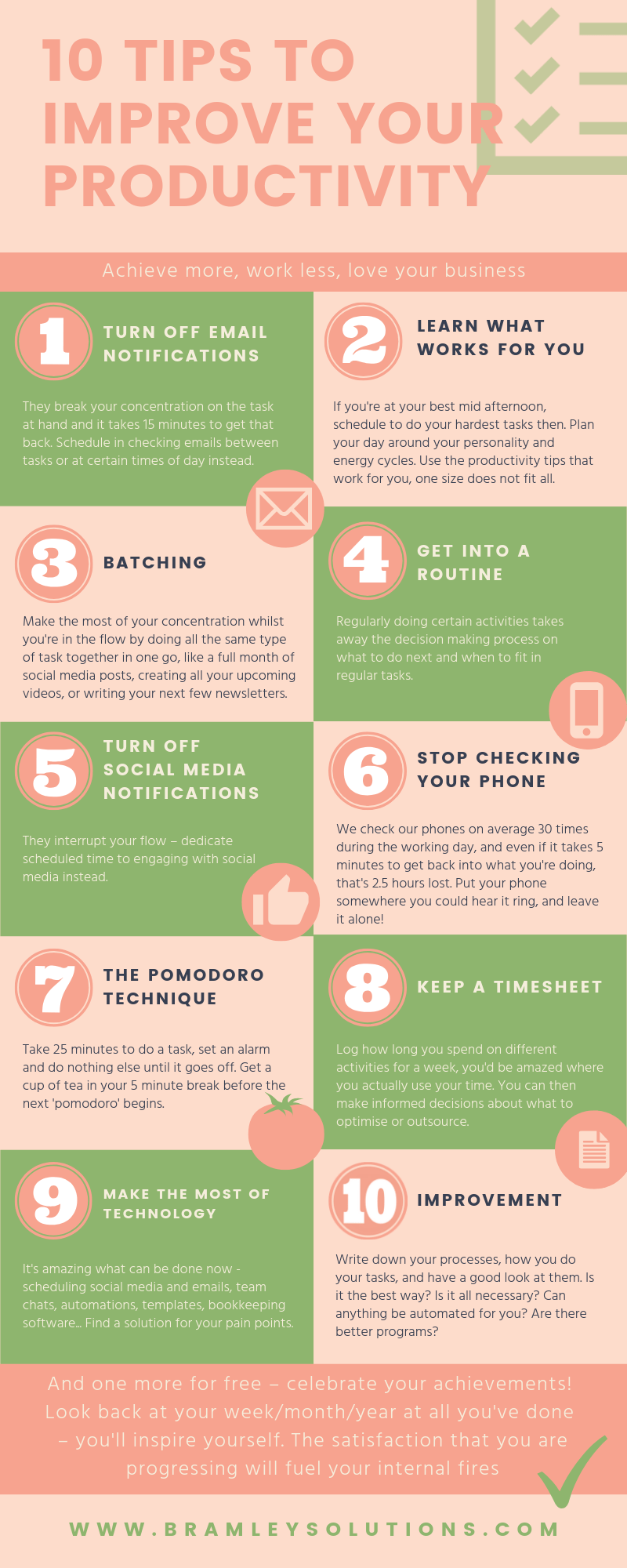 10 tips to improve productivity, infographic, turn off email notifications, batching, turn off social media notifications, stop checking your phone, the pomodoro technique, keep a timesheet, make the most of technology, process improvement