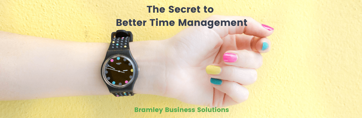 Woman's wrist with watch, showing title of article across the top "the secret to better time management"