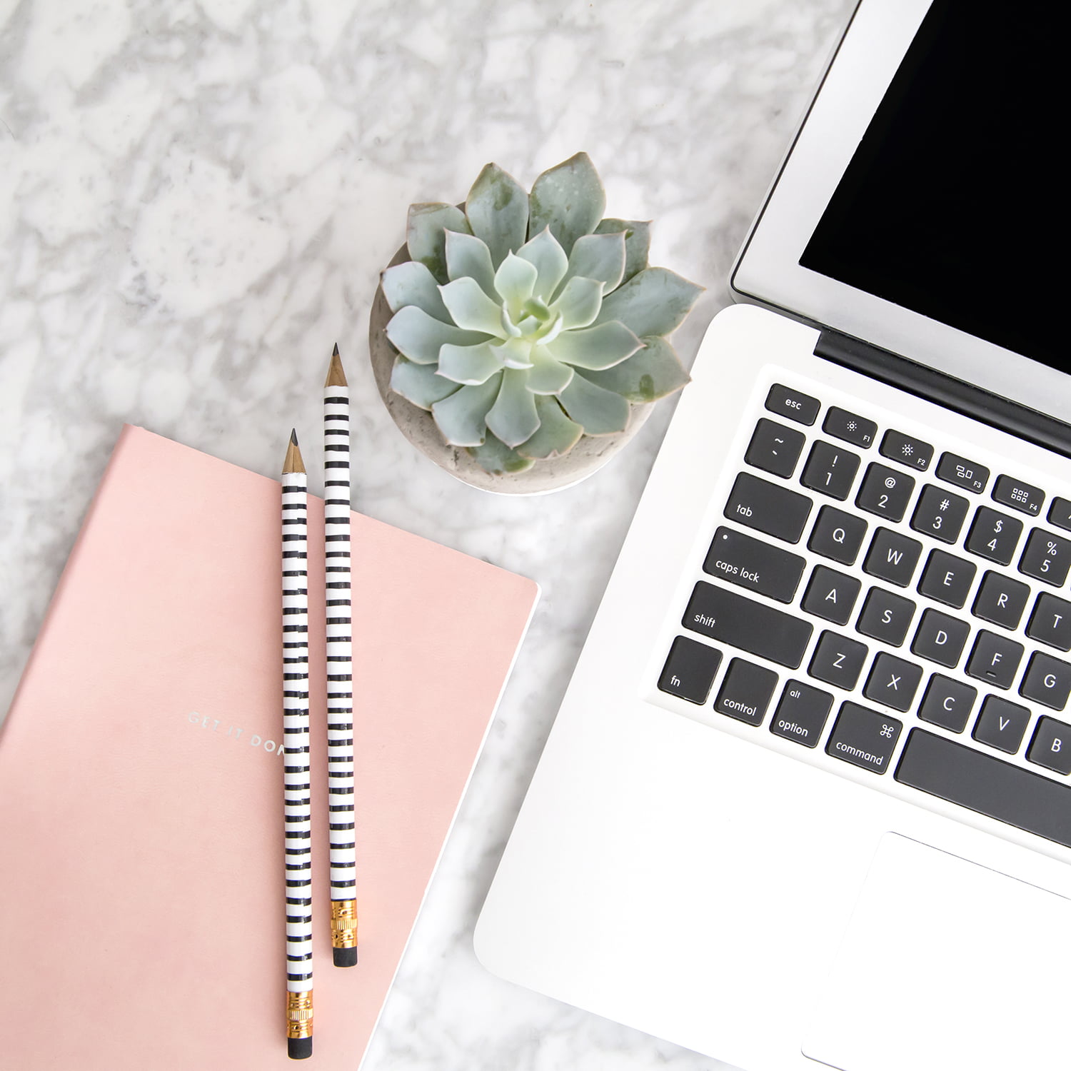 laptop, notebook, pencils and plant representing the organised coach system